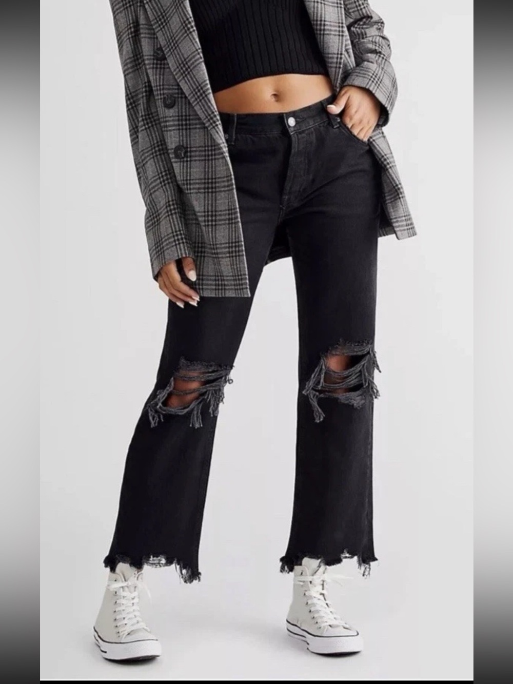 Free People Maggie 29 Mid Rise Straight Jeans Black Distressed Button Fly